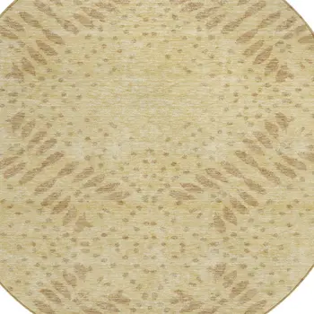 8' Gold Beige And Taupe Round Floral Washable Indoor Outdoor Area Rug