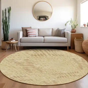 8' Gold Beige And Taupe Round Floral Washable Indoor Outdoor Area Rug