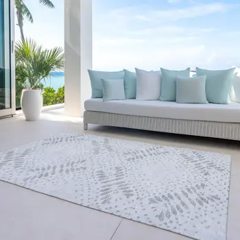 3' X 5' Gray And Silver Floral Washable Indoor Outdoor Area Rug