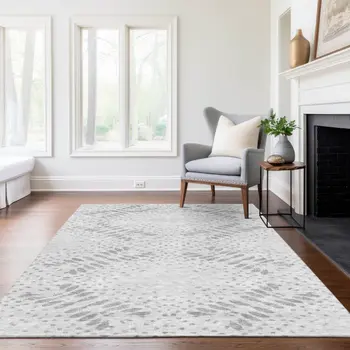 5' X 8' Gray And Silver Floral Washable Indoor Outdoor Area Rug