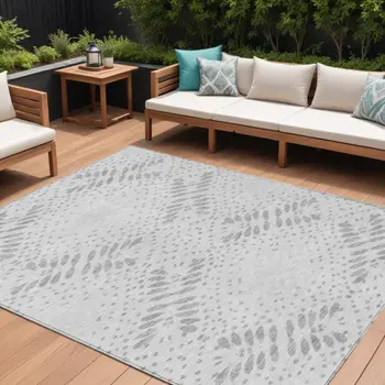 9' X 12' Gray And Silver Floral Washable Indoor Outdoor Area Rug
