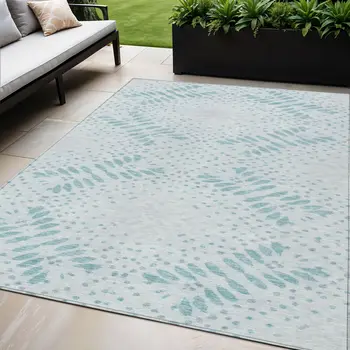 5' X 8' Teal Blue And Aqua Floral Washable Indoor Outdoor Area Rug