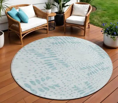 8' Teal Blue And Aqua Round Floral Washable Indoor Outdoor Area Rug