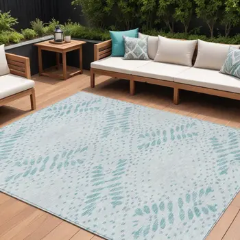 8' X 10' Teal Blue And Aqua Floral Washable Indoor Outdoor Area Rug