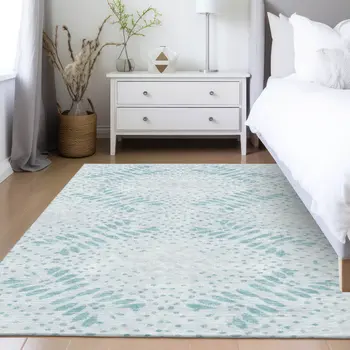 8' X 10' Teal Blue And Aqua Floral Washable Indoor Outdoor Area Rug