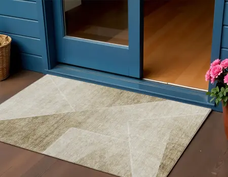 3' X 5' Beige Tan And Ivory Abstract Washable Indoor Outdoor Area Rug