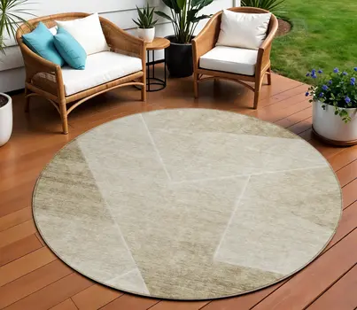 8' Beige Tan And Ivory Round Abstract Washable Indoor Outdoor Area Rug