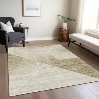 8' X 10' Beige Tan And Ivory Abstract Washable Indoor Outdoor Area Rug