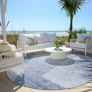 8' Navy Blue And Denim Blue Round Abstract Washable Indoor Outdoor Area Rug