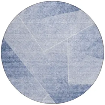 8' Navy Blue And Denim Blue Round Abstract Washable Indoor Outdoor Area Rug