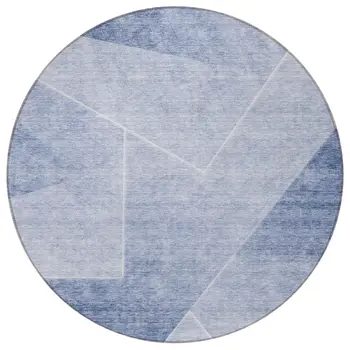 8' Navy Blue And Denim Blue Round Abstract Washable Indoor Outdoor Area Rug