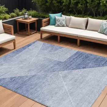 10' X 14' Navy Blue And Denim Blue Abstract Washable Indoor Outdoor Area Rug