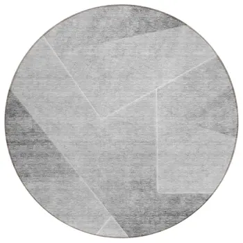 8' Gray Silver And Charcoal Round Abstract Washable Indoor Outdoor Area Rug
