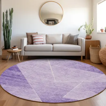 8' Purple And Ivory Round Abstract Washable Indoor Outdoor Area Rug