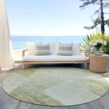 8' Sage And Artichoke Green Round Abstract Washable Indoor Outdoor Area Rug
