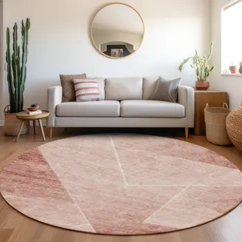 8' Salmon And Ivory Round Abstract Washable Indoor Outdoor Area Rug