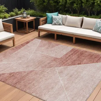 10' X 14' Salmon And Ivory Abstract Washable Indoor Outdoor Area Rug