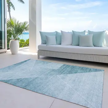 3' X 5' Teal Blue And Aqua Abstract Washable Indoor Outdoor Area Rug