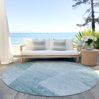 8' Teal Blue And Aqua Round Abstract Washable Indoor Outdoor Area Rug