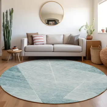 8' Teal Blue And Aqua Round Abstract Washable Indoor Outdoor Area Rug