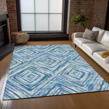 3' X 5' Denim Blue And Green Geometric Washable Indoor Outdoor Area Rug