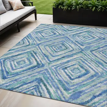 5' X 8' Denim Blue And Green Geometric Washable Indoor Outdoor Area Rug