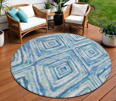 8' Denim Blue And Green Round Geometric Washable Indoor Outdoor Area Rug