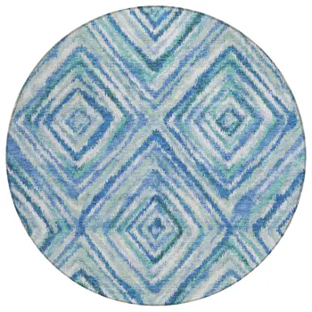 8' Denim Blue And Green Round Geometric Washable Indoor Outdoor Area Rug