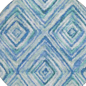 8' Denim Blue And Green Round Geometric Washable Indoor Outdoor Area Rug