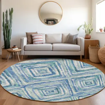 8' Denim Blue And Green Round Geometric Washable Indoor Outdoor Area Rug