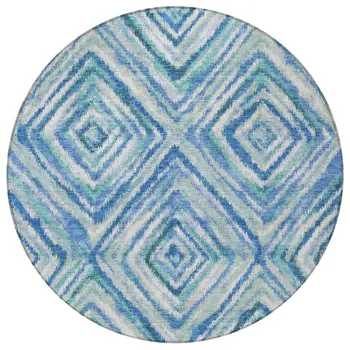 8' Denim Blue And Green Round Geometric Washable Indoor Outdoor Area Rug