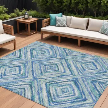 8' X 10' Denim Blue And Green Geometric Washable Indoor Outdoor Area Rug