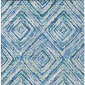 9' X 12' Denim Blue And Green Geometric Washable Indoor Outdoor Area Rug