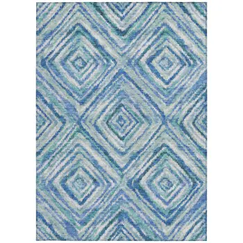 10' X 14' Denim Blue And Green Geometric Washable Indoor Outdoor Area Rug