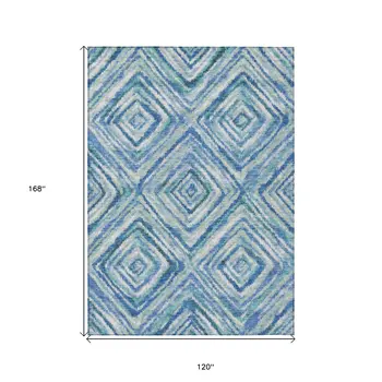 10' X 14' Denim Blue And Green Geometric Washable Indoor Outdoor Area Rug