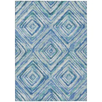 10' X 14' Denim Blue And Green Geometric Washable Indoor Outdoor Area Rug