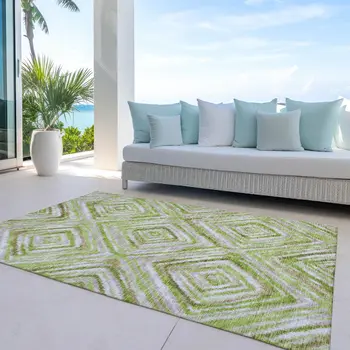 3' X 5' Artichoke Green And Brown Geometric Washable Indoor Outdoor Area Rug