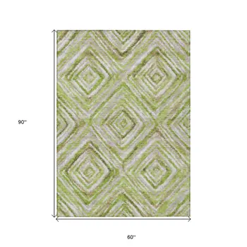 5' X 8' Artichoke Green And Brown Geometric Washable Indoor Outdoor Area Rug