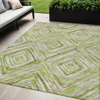 5' X 8' Artichoke Green And Brown Geometric Washable Indoor Outdoor Area Rug