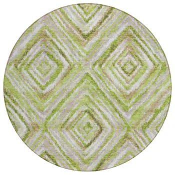 8' Artichoke Green And Brown Round Geometric Washable Indoor Outdoor Area Rug
