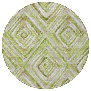 8' Artichoke Green And Brown Round Geometric Washable Indoor Outdoor Area Rug