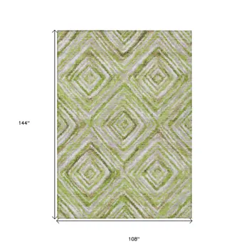 9' X 12' Artichoke Green And Brown Geometric Washable Indoor Outdoor Area Rug