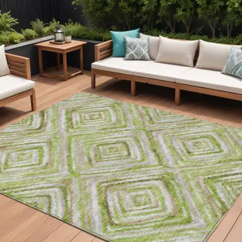 10' X 14' Artichoke Green And Brown Geometric Washable Indoor Outdoor Area Rug