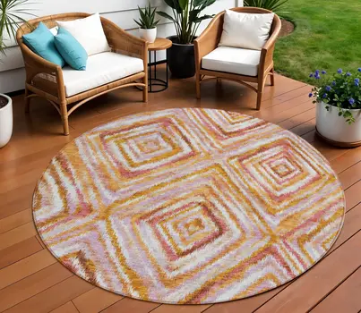 8' Orange Copper And Gold Round Geometric Washable Indoor Outdoor Area Rug
