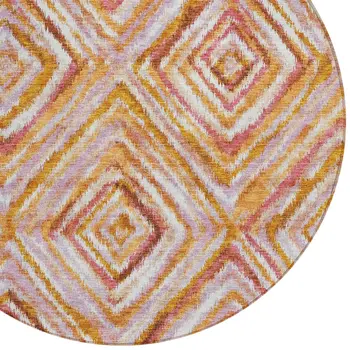 8' Orange Copper And Gold Round Geometric Washable Indoor Outdoor Area Rug