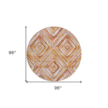 8' Orange Copper And Gold Round Geometric Washable Indoor Outdoor Area Rug