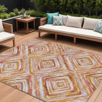 10' X 14' Orange Copper And Gold Geometric Washable Indoor Outdoor Area Rug