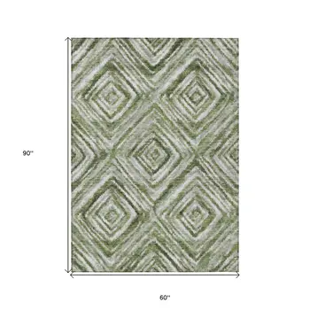 5' X 8' Artichoke Green And Sage Geometric Washable Indoor Outdoor Area Rug