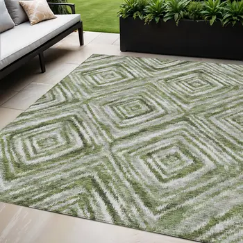 5' X 8' Artichoke Green And Sage Geometric Washable Indoor Outdoor Area Rug