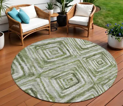 8' Artichoke Green And Sage Round Geometric Washable Indoor Outdoor Area Rug